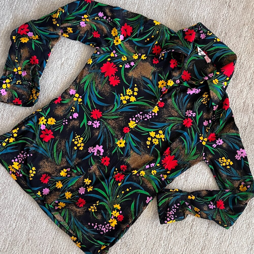 70's Tarvi Black Floral Print Blouse - SIze Small/Mediu